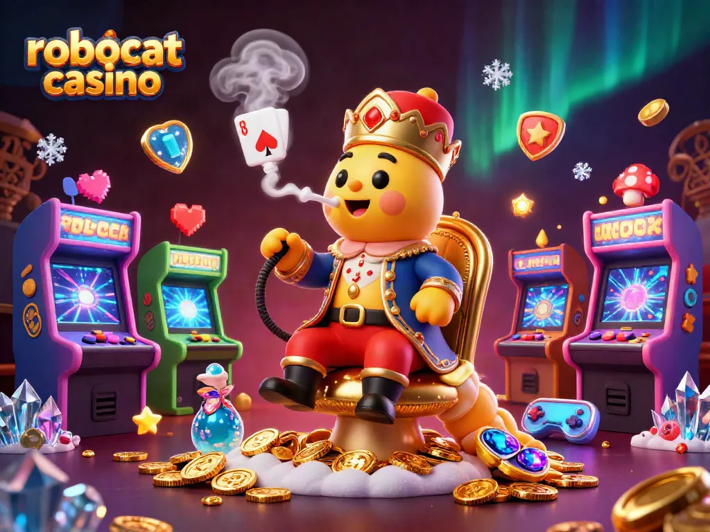 Experience the vibrant robocat casino scene with colorful game elements and a whimsical caterpillar character.