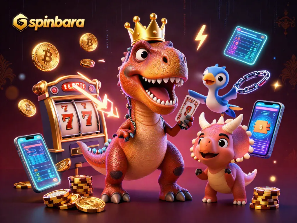 Engage with spinbara casino classics while a T-Rex plays cards, surrounded by neon crypto symbols.
