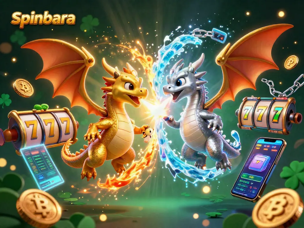 Spinbara casino illustration with intertwined dragons and vibrant slot reels in a dynamic scene.