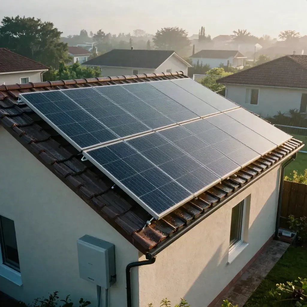Tejado residencial con paneles solares, batería e inversor tras la lluvia, con luz rasante.