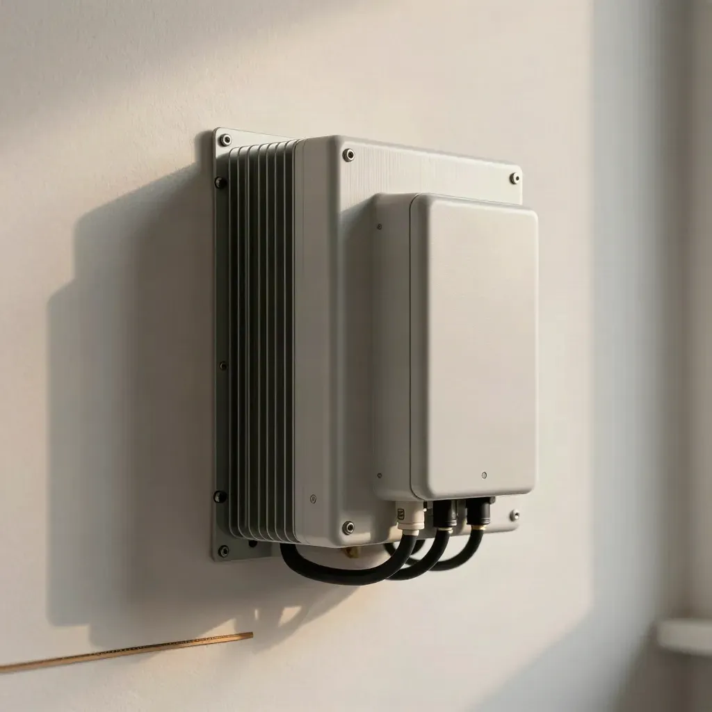 Inversor híbrido mural con cableado ordenado y cuadro eléctrico sobre pared blanca.