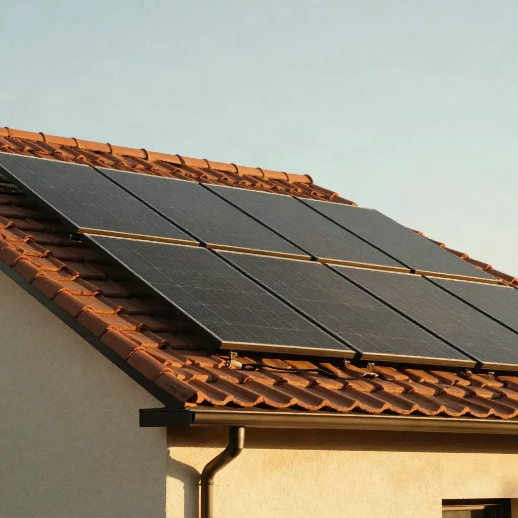Cubierta con placas solares integradas en teja, cielo limpio y brillo solar.