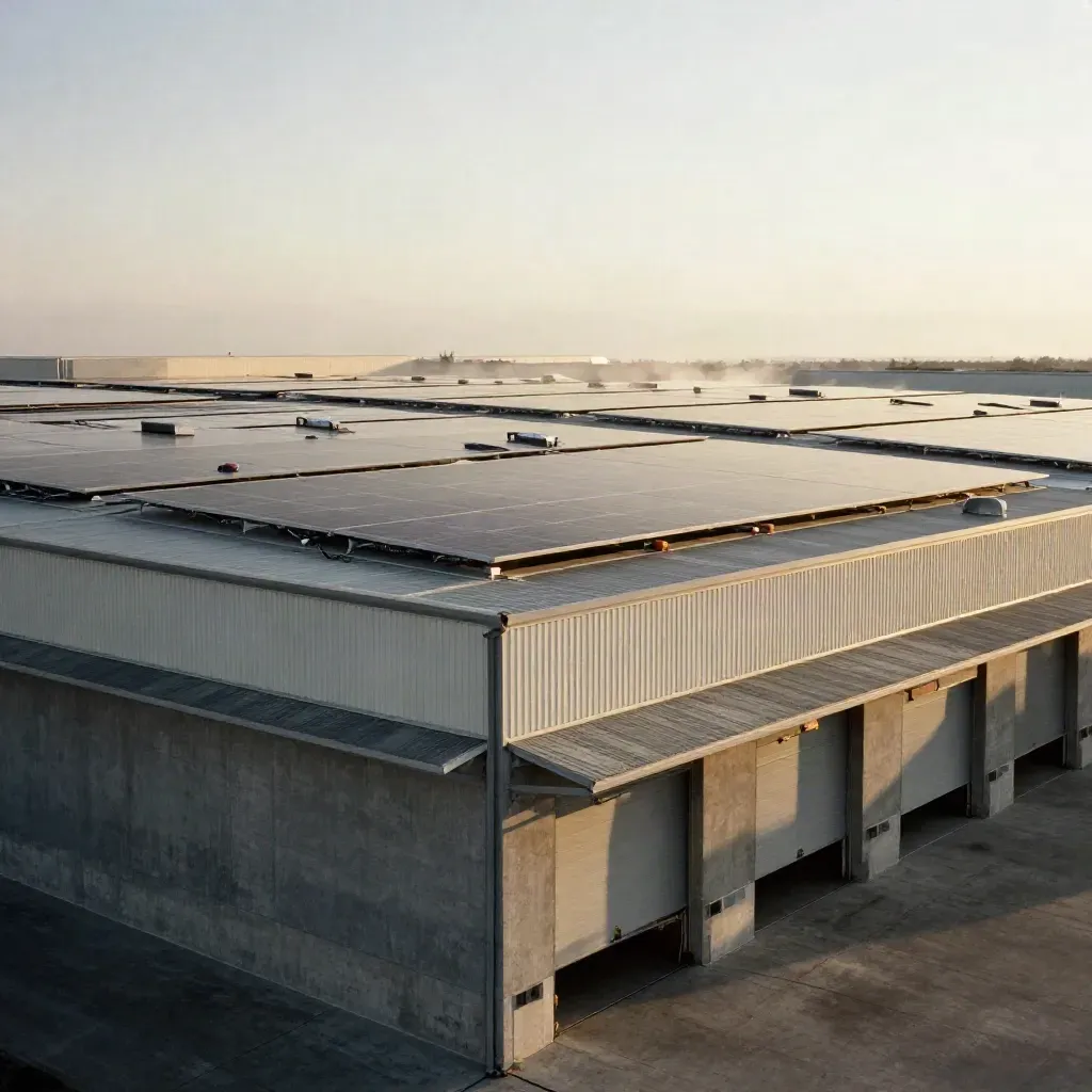 Nave industrial con paneles solares y lucernarios sobre el muelle de carga.