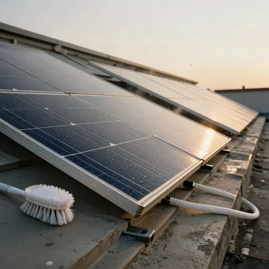 Módulo solar recién lavado con manguera, cepillo y tapa de inspección sobre tejado inclinado.
