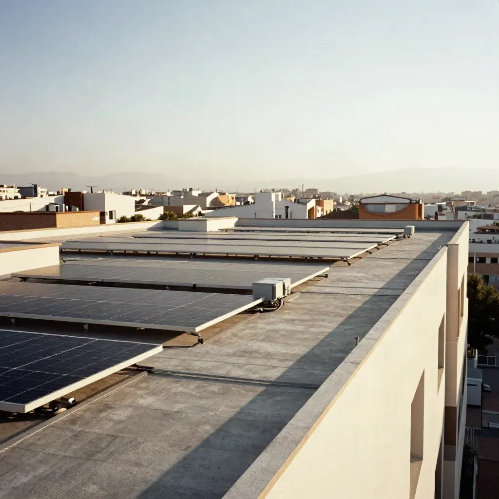 Bloque residencial en Getafe con placas solares compartidas sobre la cubierta y cielo despejado.