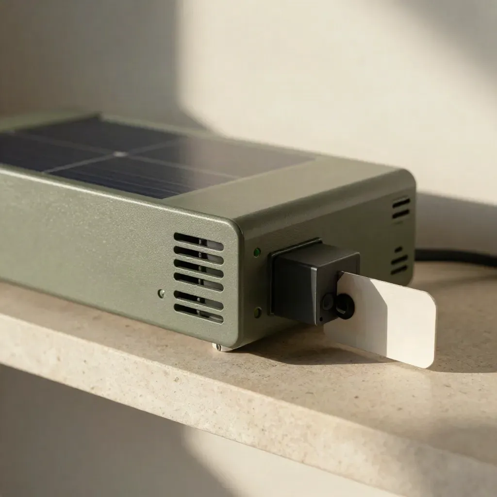 Gateway solar con LEDs verdes y relé de batería sobre balda de piedra clara.