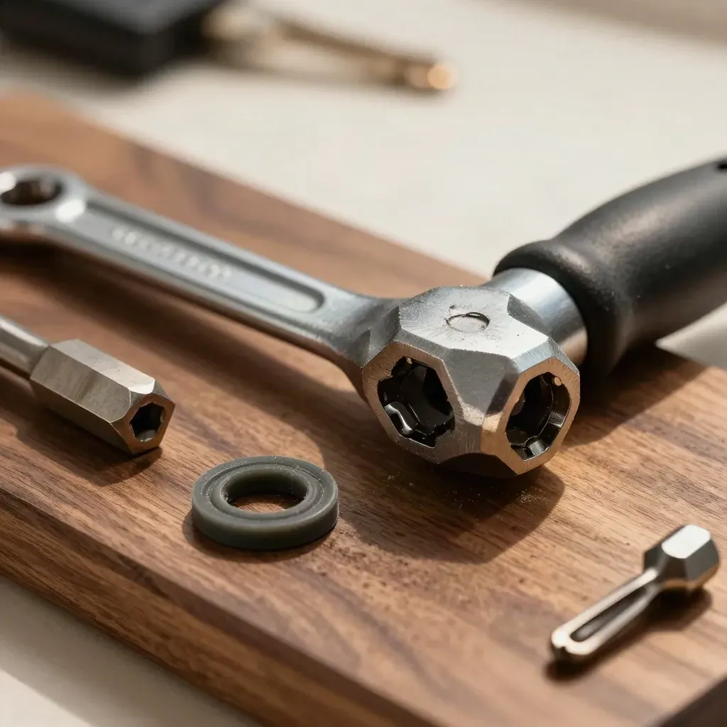 Kit de montaje solar sobre madera: llave dinamométrica, gancho, abrazadera y junta EPDM.