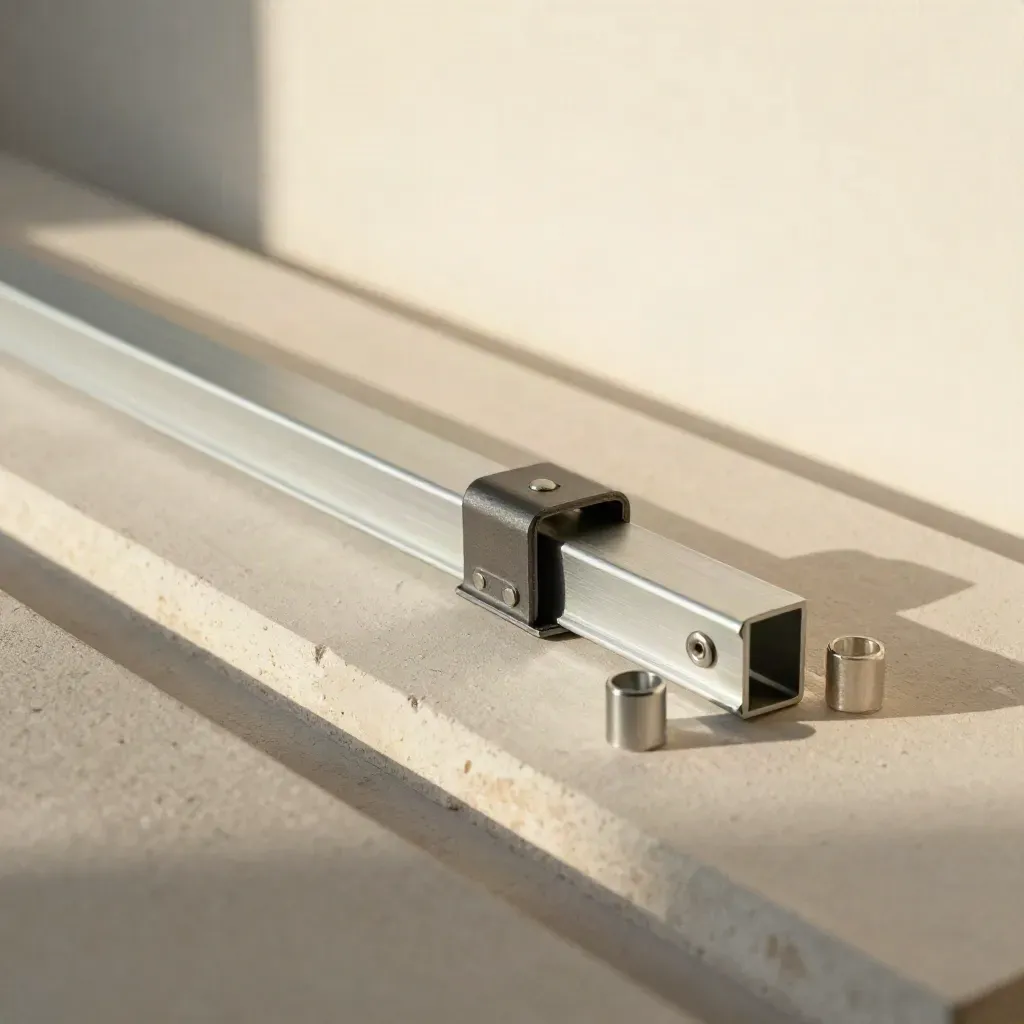 Raíl solar, abrazadera y piezas de montaje sobre una base clara con luz lateral suave.
