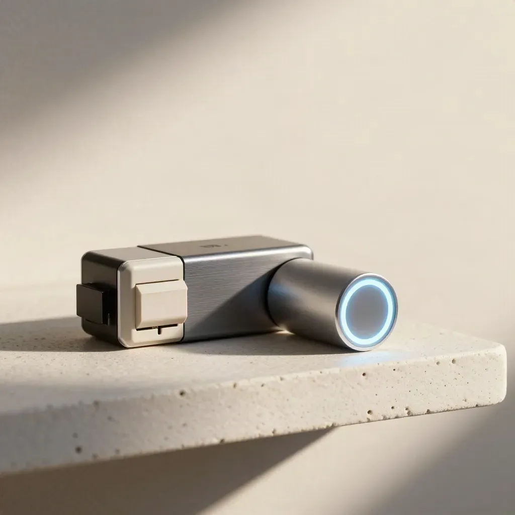 Dongle de puesta en marcha, anillo de inversor, interruptor y gateway sobre balda blanca.