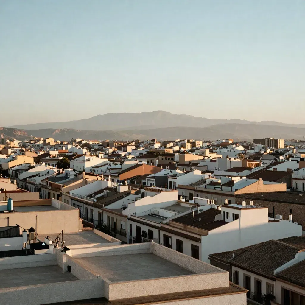 Vista amplia del sur de Madrid con tejados y la sierra lejana en bruma cálida.