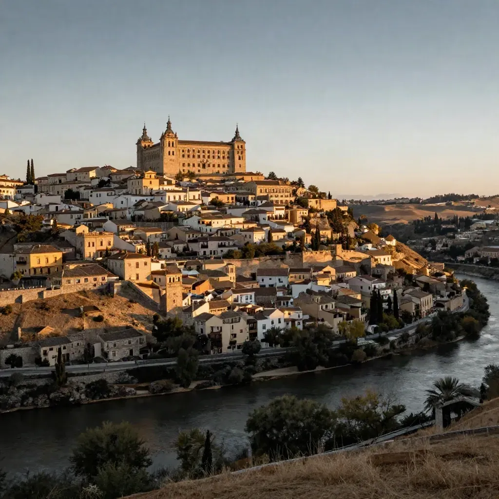 Toledo al atardecer con el Alcázar sobre el Tajo y el valle dorado debajo