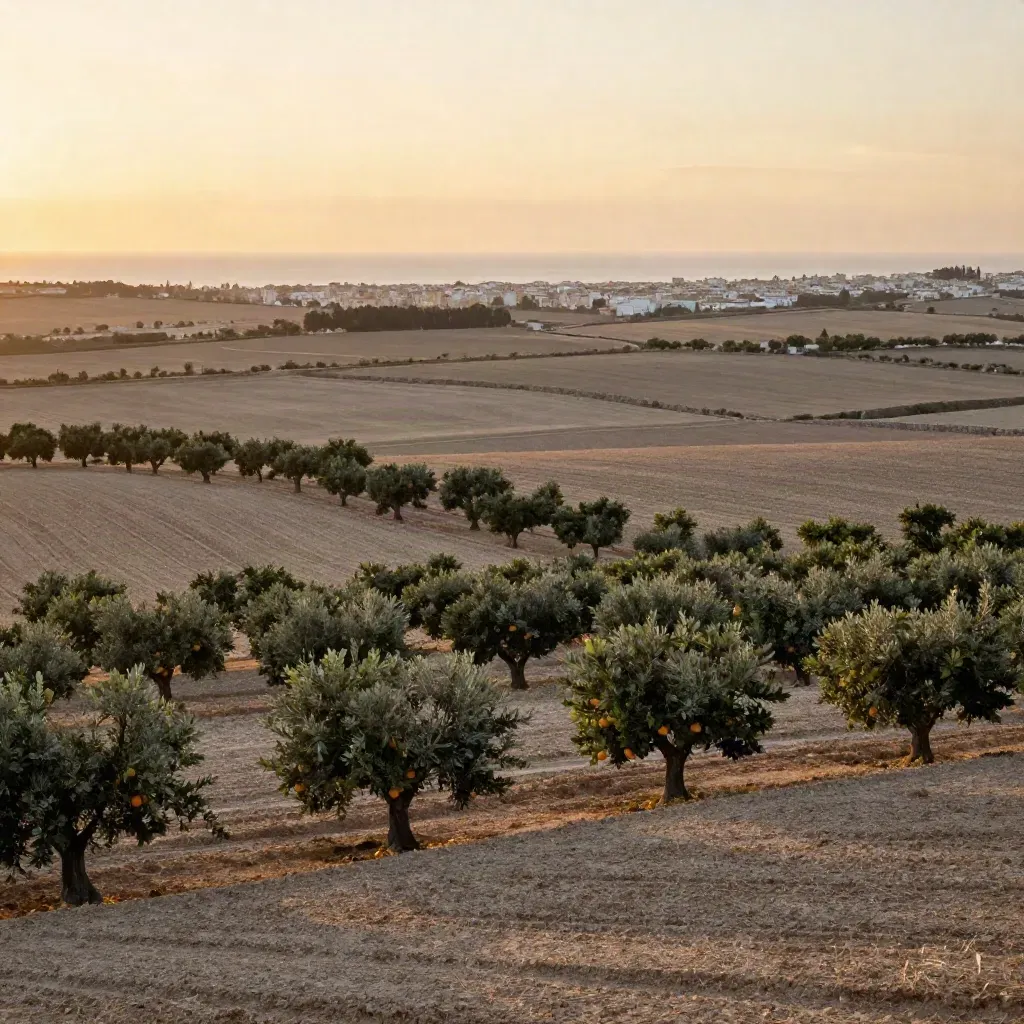 Llanura valenciana con naranjos, acequias y la ciudad lejana bajo luz suave.