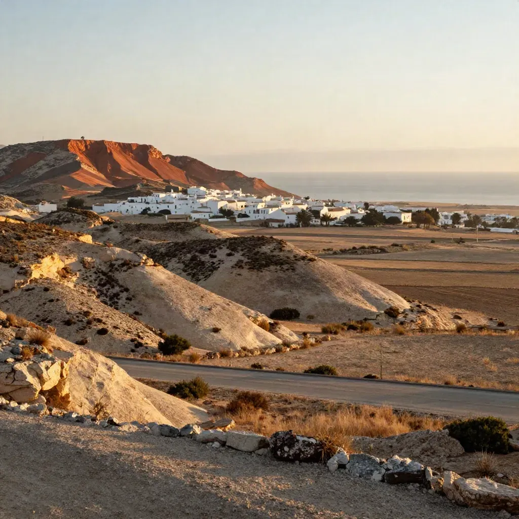 Paisaje seco de Murcia y Alicante con colinas claras, pueblo blanco lejano y bruma marina cálida.