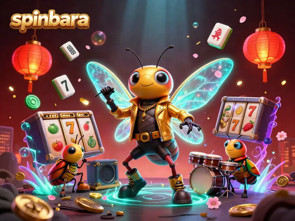 Spinbara casino features vibrant characters and slot reels in a dynamic, illuminated scene.